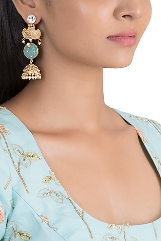 Gold Finish Blue Stone & Kundan Polki Long Jhumka Earrings by VASTRAA Jewellery