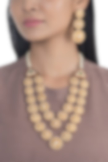 Gold Finish Faux Pearl & Kundan Polki Enameled Layered Necklace Set by VASTRAA Jewellery