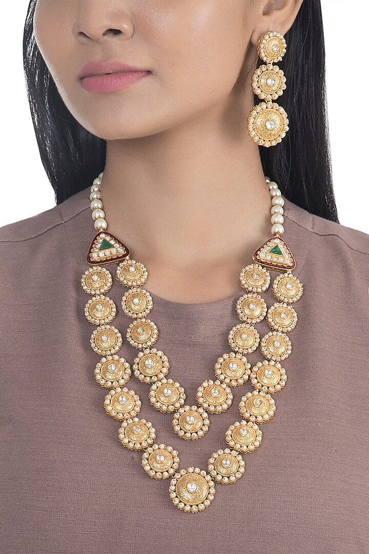 Gold Finish Faux Pearl & Kundan Polki Enameled Layered Necklace Set by VASTRAA Jewellery