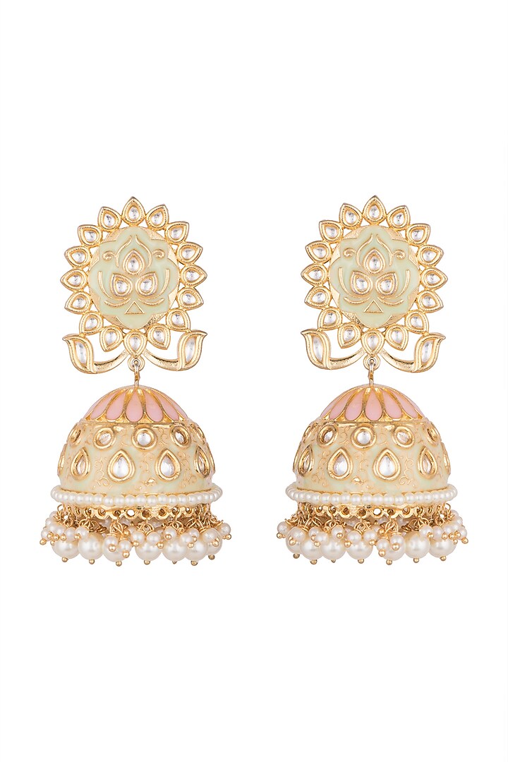 Gold Finish Faux Pearl & Kundan Polki Enameled Jhumka Earrings by VASTRAA Jewellery at Pernia's Pop Up Shop