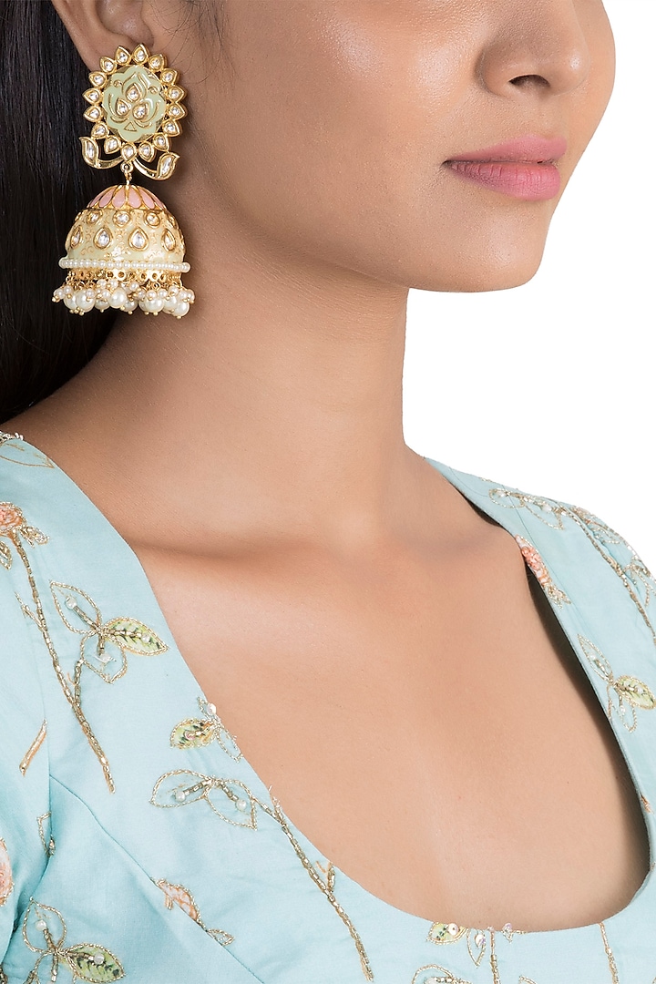 Gold Finish Faux Pearl & Kundan Polki Enameled Jhumka Earrings by VASTRAA Jewellery