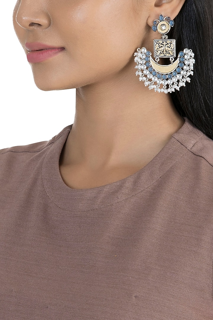 Black Rhodium Finish Kundan Polki & Faux Pearl Earrings by VASTRAA Jewellery