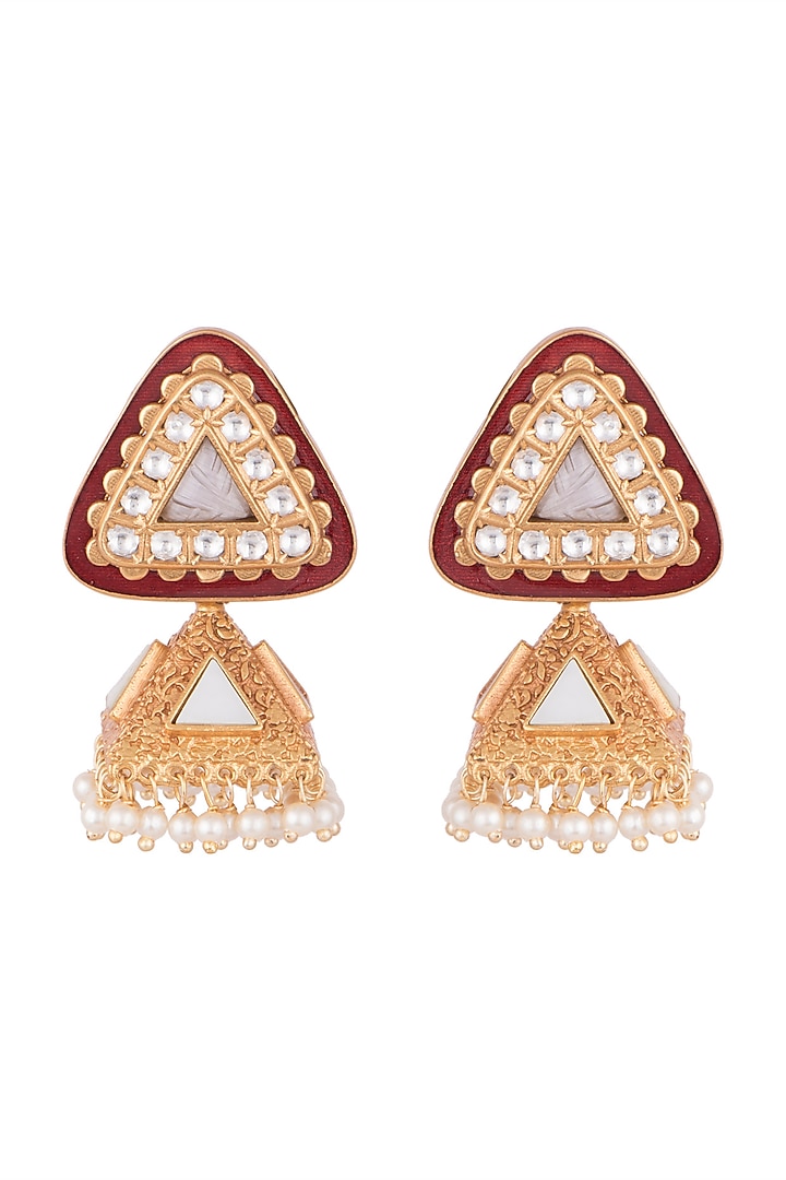 Gold Finish Faux Pearl & Purple Stone Enameled Jhumka Earrings by VASTRAA Jewellery at Pernia's Pop Up Shop