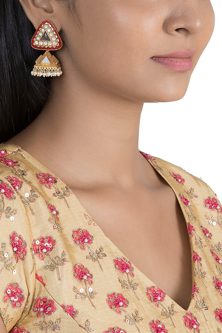 Gold Finish Faux Pearl & Purple Stone Enameled Jhumka Earrings by VASTRAA Jewellery at Pernia's Pop Up Shop