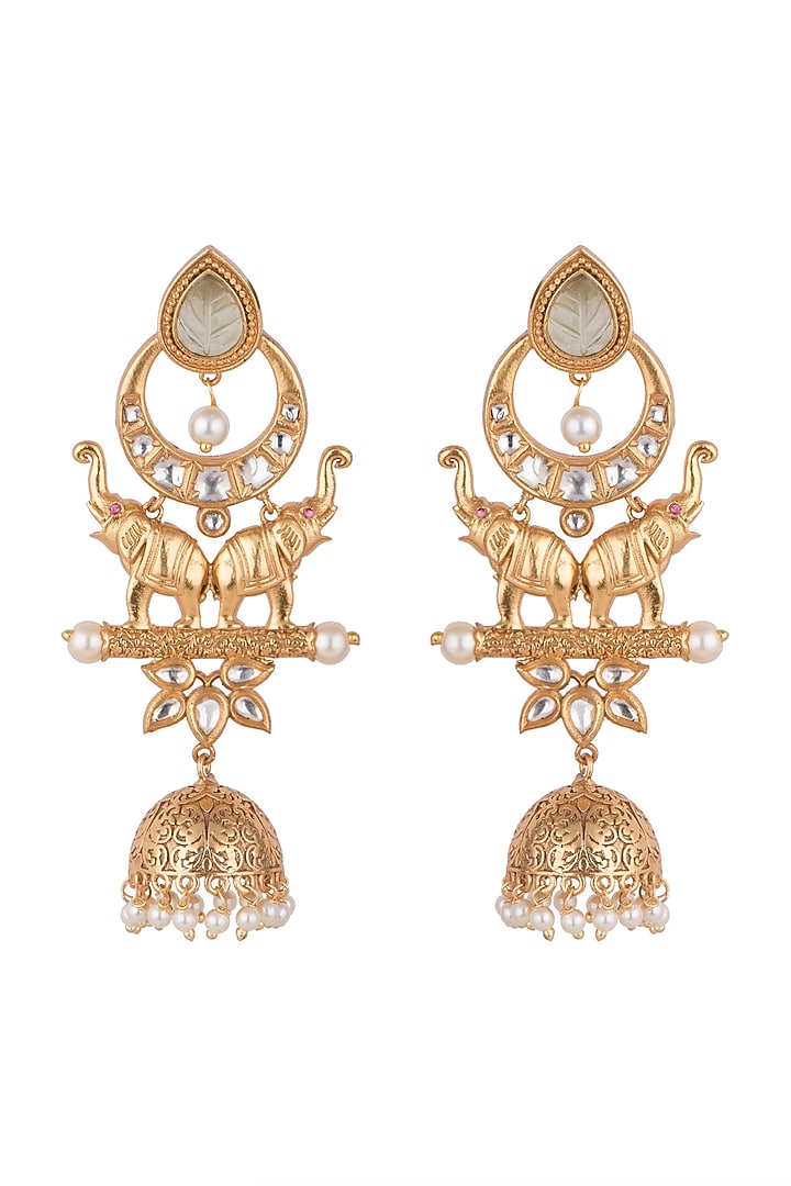 Gold Finish Faux Kundan Polki & Pearl Elephant Earrings by VASTRAA Jewellery at Pernia's Pop Up Shop