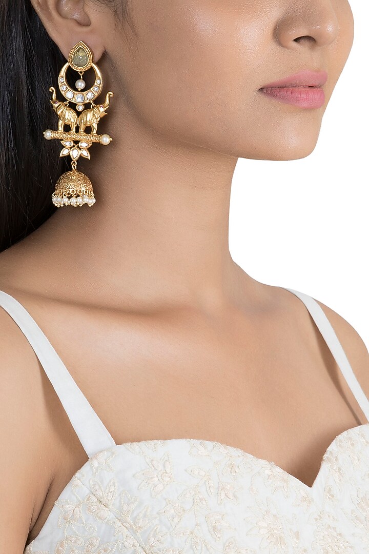 Gold Finish Faux Kundan Polki & Pearl Elephant Earrings by VASTRAA Jewellery at Pernia's Pop Up Shop