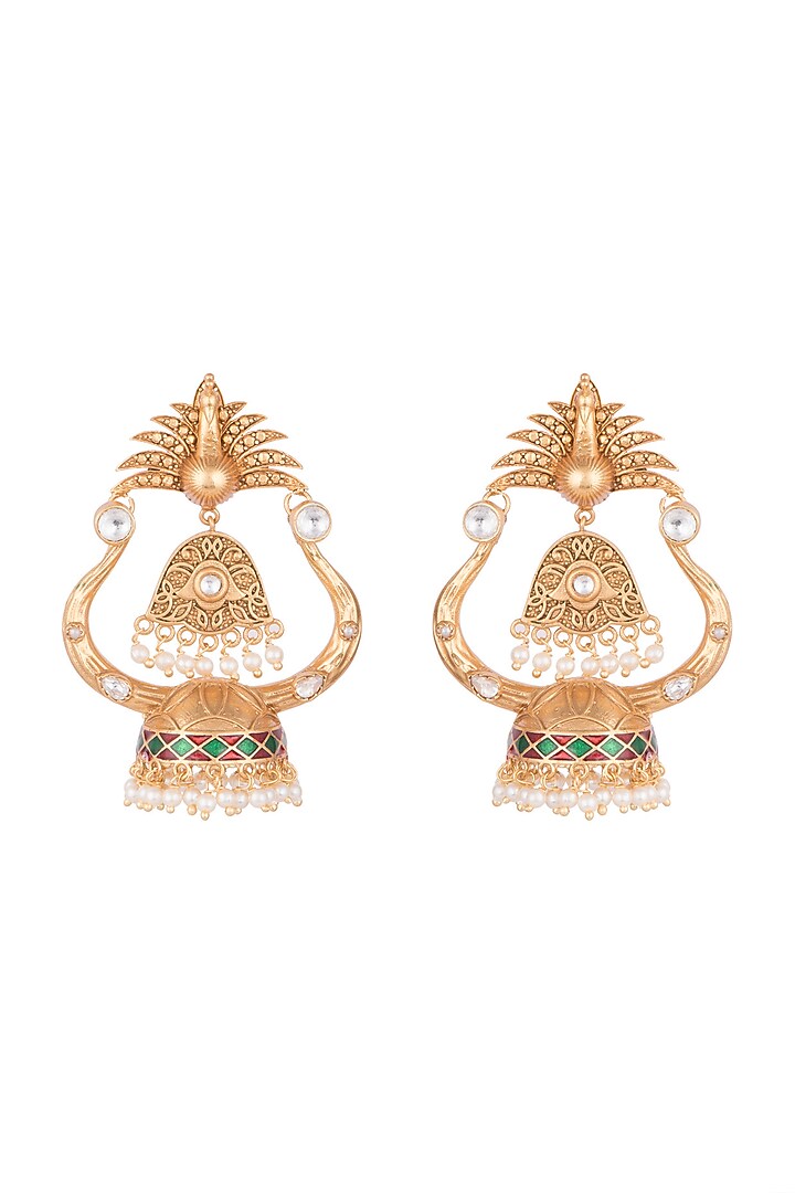 Gold Finish Faux Pearl & Kundan Polki Enameled Jhumka Earrings by VASTRAA Jewellery at Pernia's Pop Up Shop
