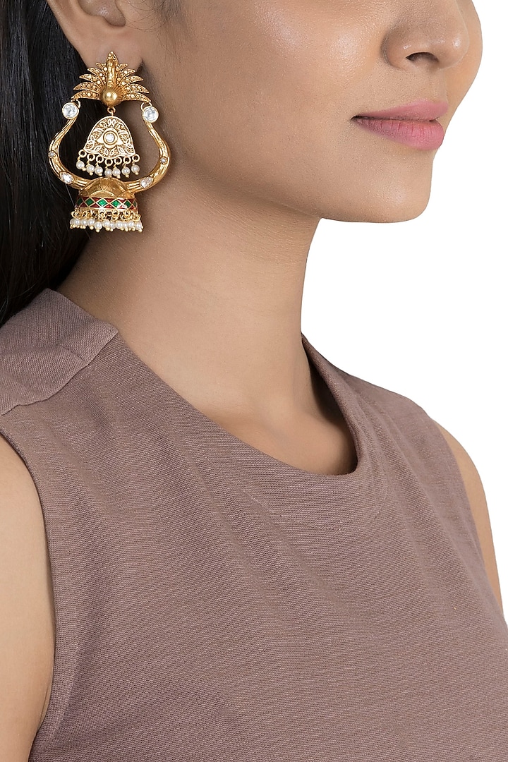 Gold Finish Faux Pearl & Kundan Polki Enameled Jhumka Earrings by VASTRAA Jewellery