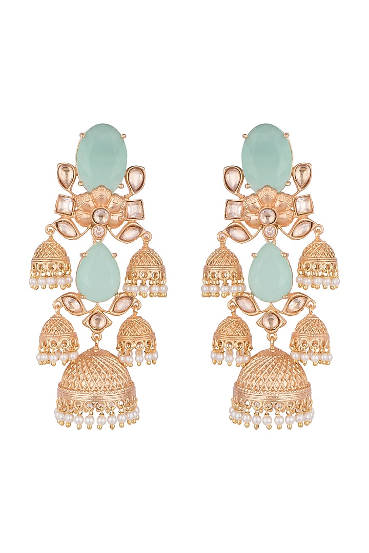 Gold Finish Blue Stone & Kundan Polki Jhumka Earrings by VASTRAA Jewellery at Pernia's Pop Up Shop
