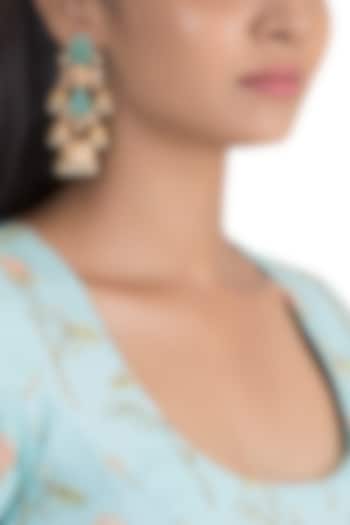 Gold Finish Blue Stone & Kundan Polki Jhumka Earrings by VASTRAA Jewellery
