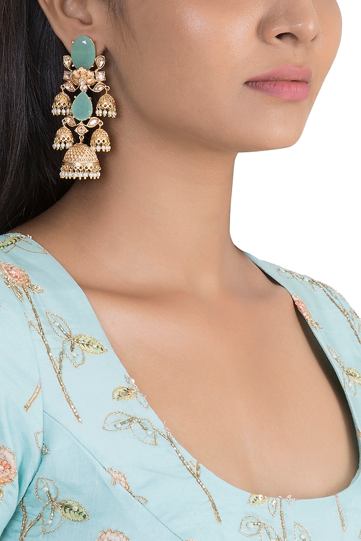 Gold Finish Blue Stone & Kundan Polki Jhumka Earrings by VASTRAA Jewellery