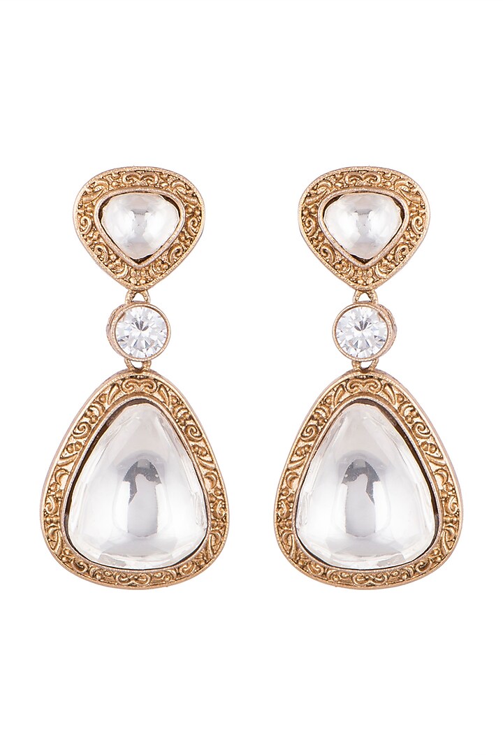 Gold Finish Kundan Polki Engraved Earrings by VASTRAA Jewellery at Pernia's Pop Up Shop