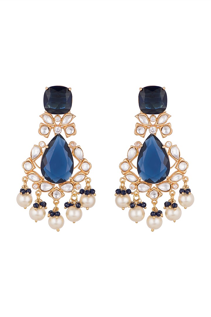 Gold Finish Blue Stone & Kundan Polki Dangler Earrings by VASTRAA Jewellery at Pernia's Pop Up Shop