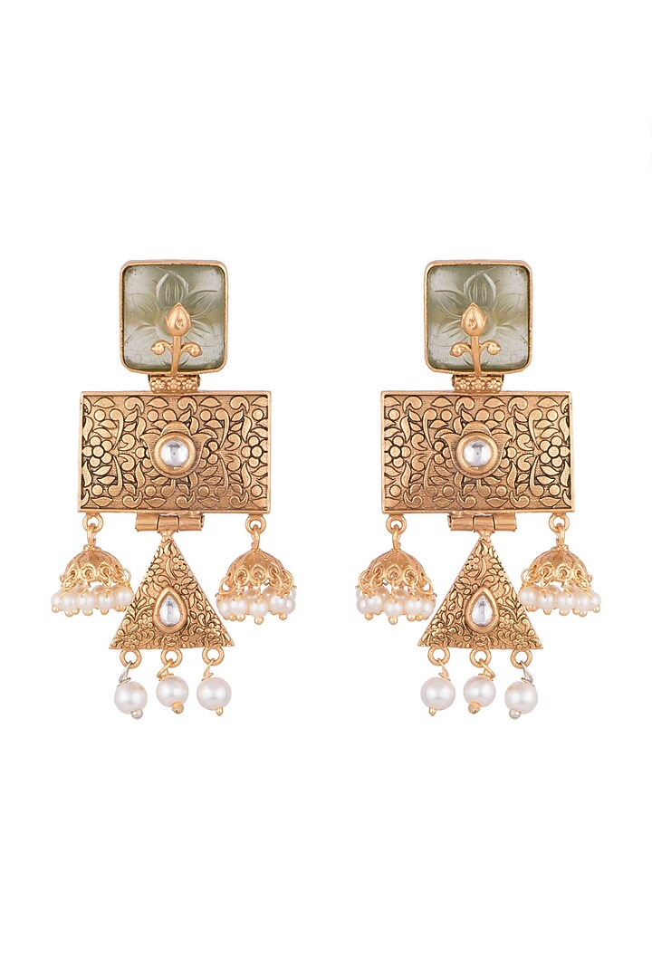 Gold Finish Green Stone & Faux Pearl Engraved Earrings by VASTRAA Jewellery at Pernia's Pop Up Shop