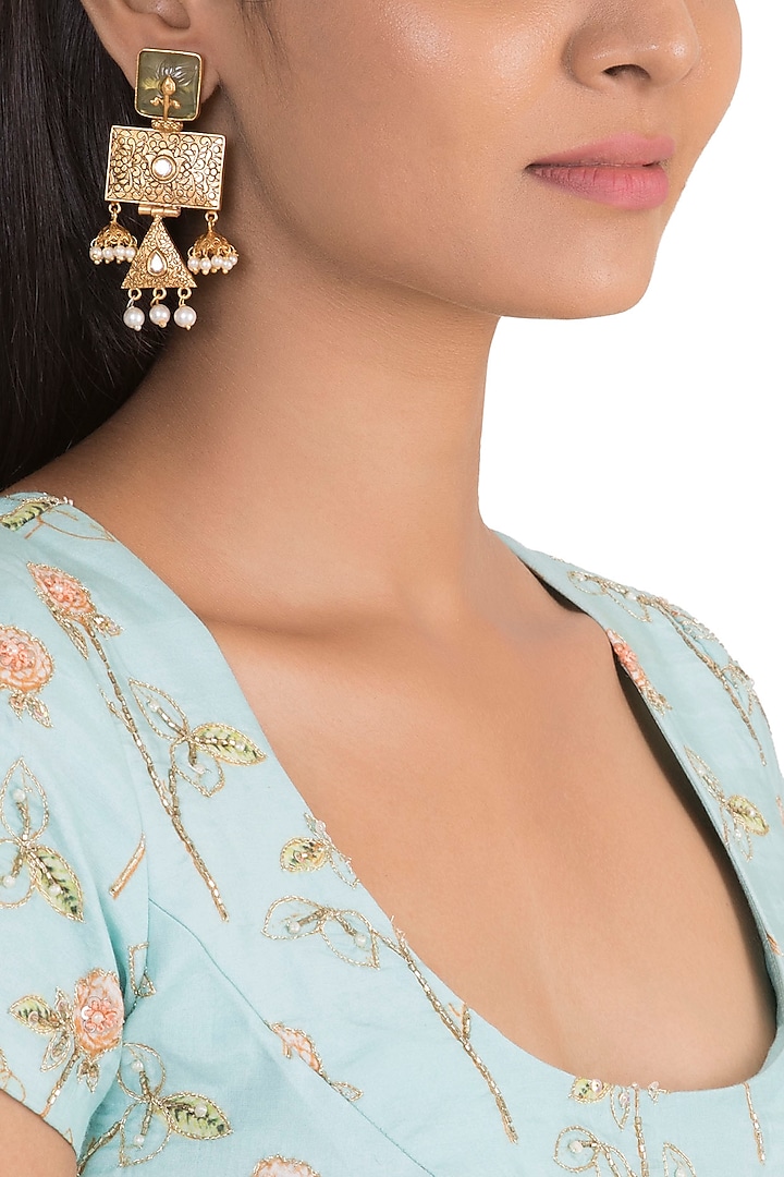 Gold Finish Green Stone & Faux Pearl Engraved Earrings by VASTRAA Jewellery