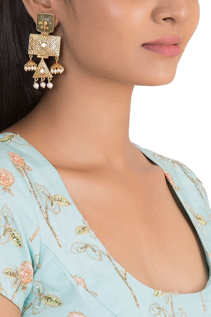 Gold Finish Green Stone & Faux Pearl Engraved Earrings by VASTRAA Jewellery at Pernia's Pop Up Shop
