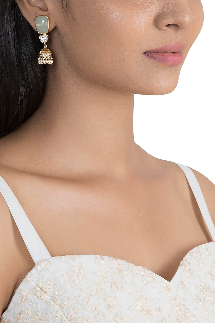 Gold Finish Light Blue Stone & Faux Kundan Polki Earrings by VASTRAA Jewellery at Pernia's Pop Up Shop