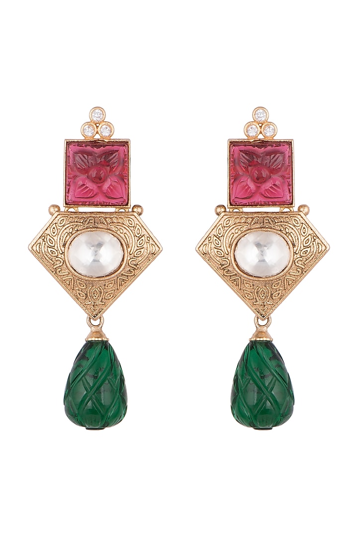 Gold Finish Red & Green Stone Earrings by VASTRAA Jewellery at Pernia's Pop Up Shop