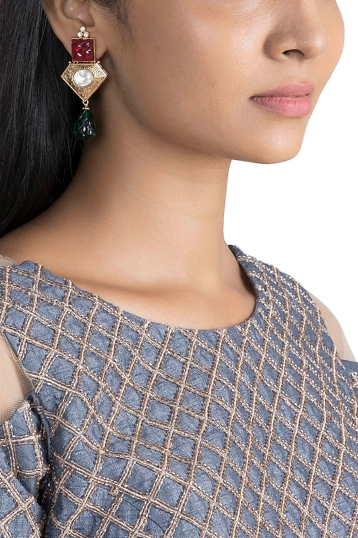 Gold Finish Red & Green Stone Earrings by VASTRAA Jewellery at Pernia's Pop Up Shop