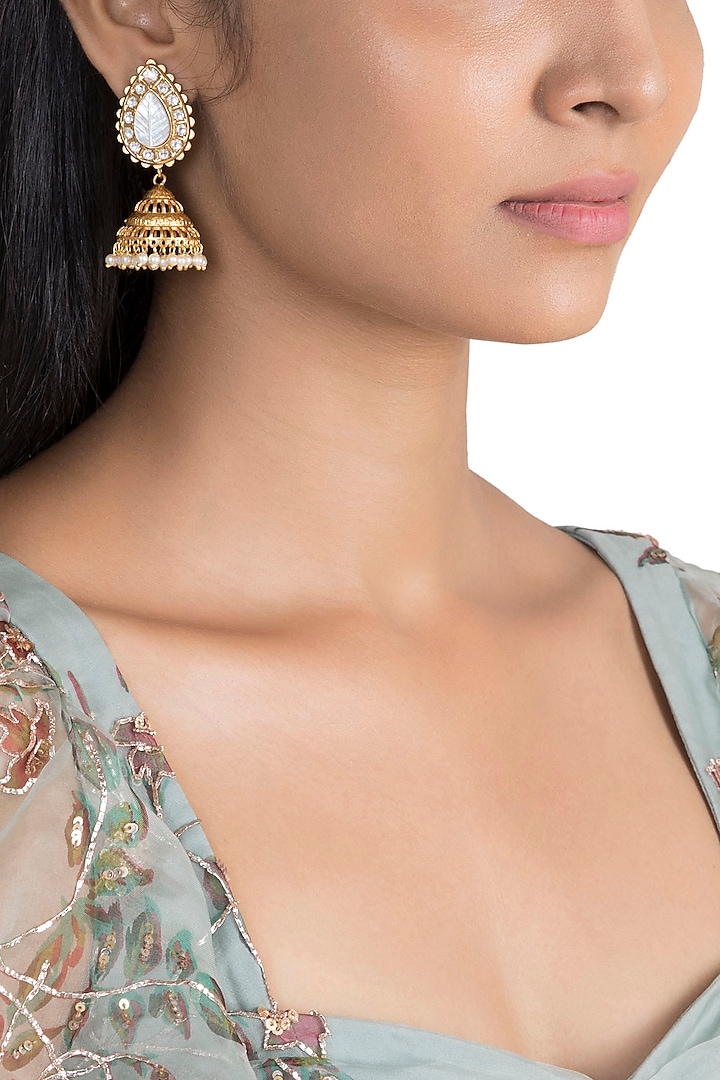 Gold Finish Kundan Polki & White Stone Jhumka Earrings by VASTRAA Jewellery