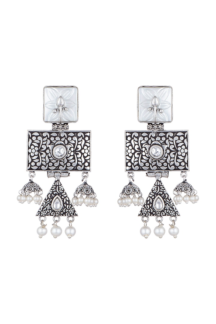 Black Rhodium Finish Faux Pearl & Kundan Polki Earrings by VASTRAA Jewellery at Pernia's Pop Up Shop
