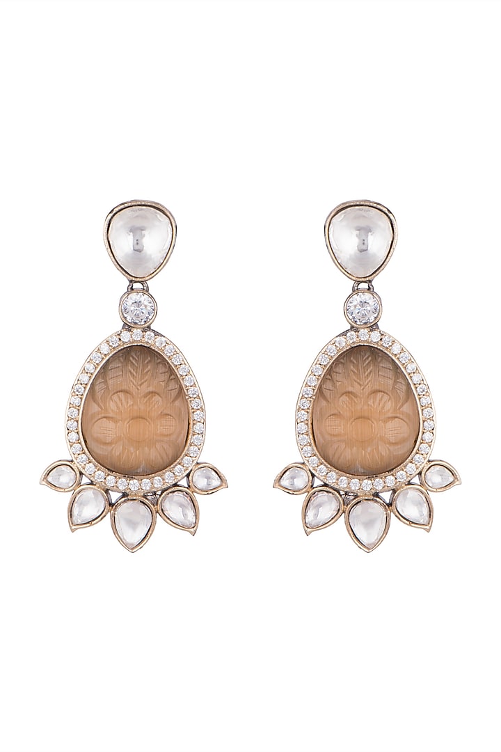 Gold Finish Kundan Polki & Brown Stone Earrings by VASTRAA Jewellery at Pernia's Pop Up Shop