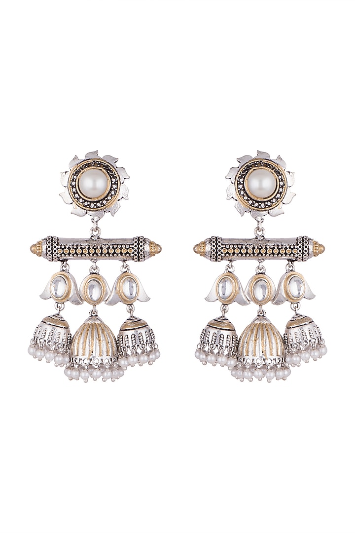 White Finish Faux Pearl & Kundan Polki Jhumka Earrings by VASTRAA Jewellery at Pernia's Pop Up Shop