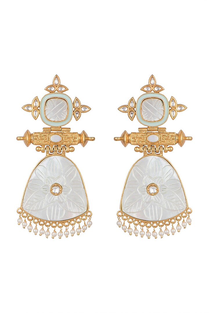 Gold Finish White Stone Blue Enameled Earrings by VASTRAA Jewellery at Pernia's Pop Up Shop