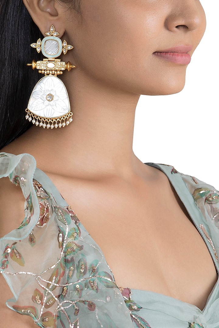Gold Finish White Stone Blue Enameled Earrings by VASTRAA Jewellery at Pernia's Pop Up Shop