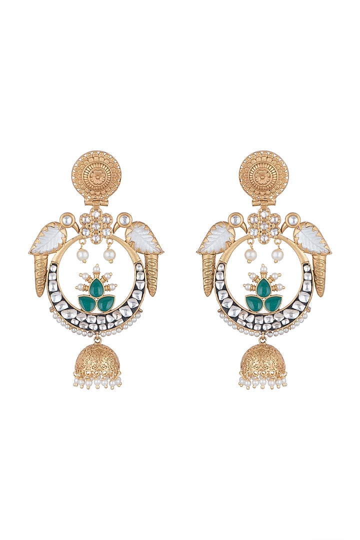 Gold Finish Kundan Polki & Faux Pearl Parrot Earrings by VASTRAA Jewellery at Pernia's Pop Up Shop