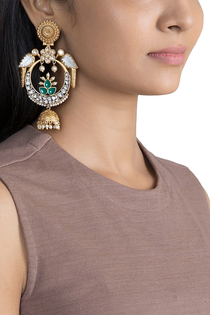 Gold Finish Kundan Polki & Faux Pearl Parrot Earrings by VASTRAA Jewellery