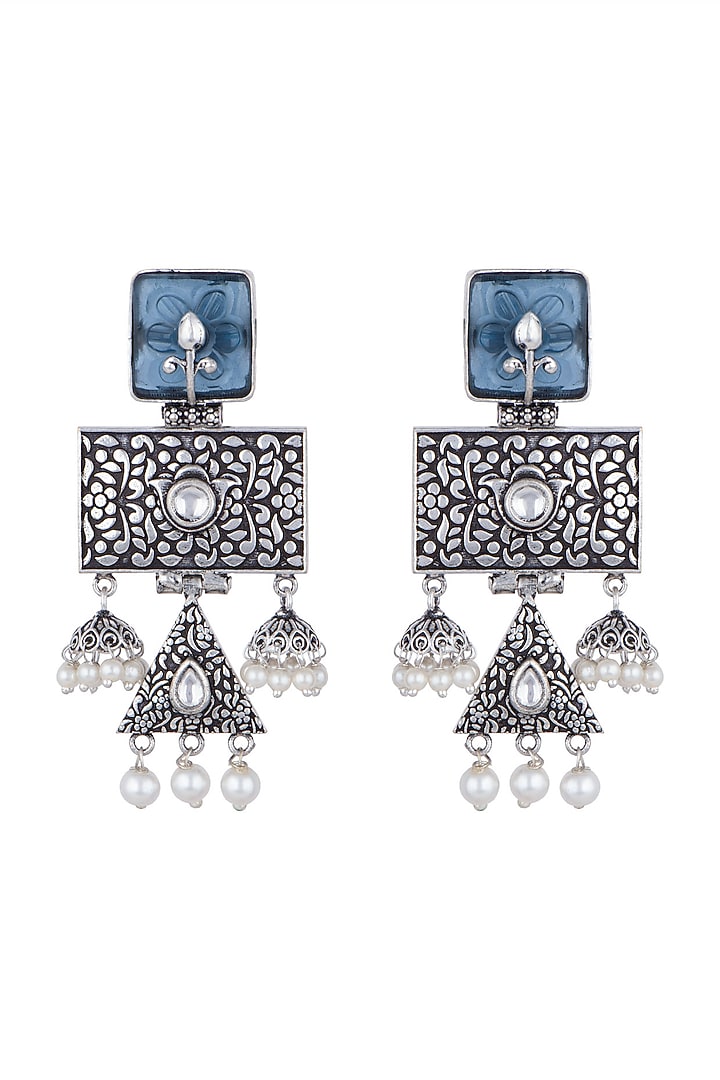 Black Rhodium Finish Faux Pearl & Blue Stone Earrings by VASTRAA Jewellery at Pernia's Pop Up Shop