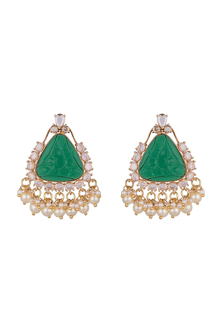 Gold Finish Zircon & Green Stone Earrings by VASTRAA Jewellery at Pernia's Pop Up Shop