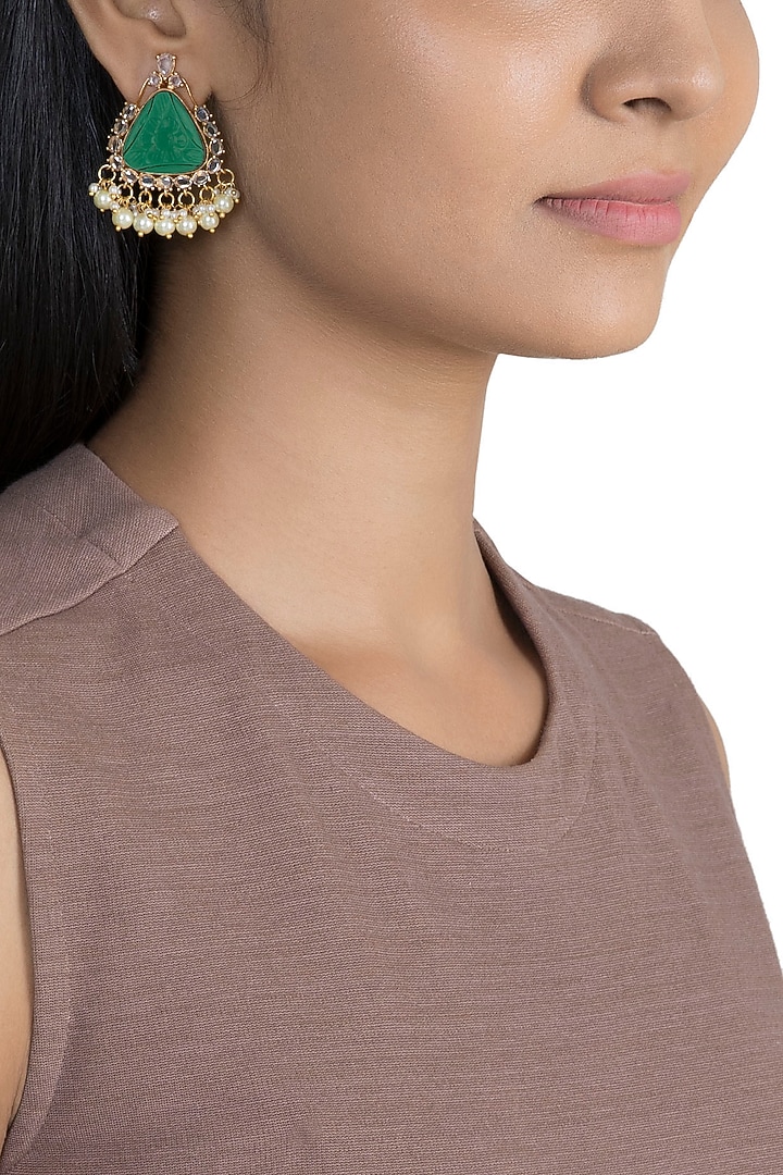 Gold Finish Zircon & Green Stone Earrings by VASTRAA Jewellery at Pernia's Pop Up Shop
