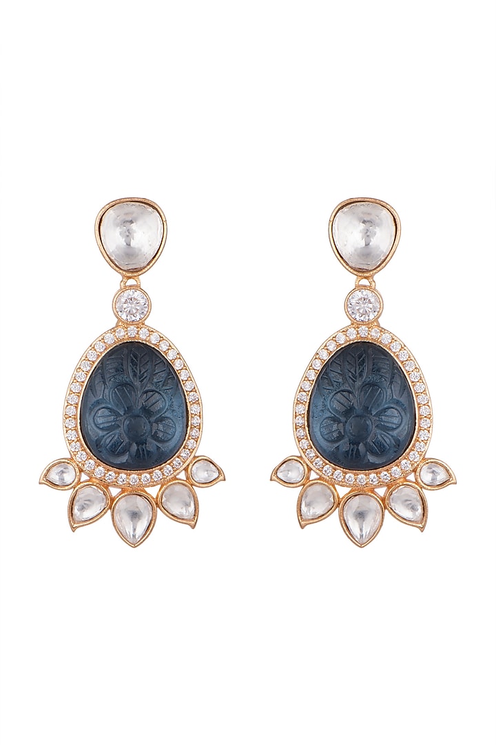 Gold Finish Blue Stone & Zircon Earrings by VASTRAA Jewellery at Pernia's Pop Up Shop