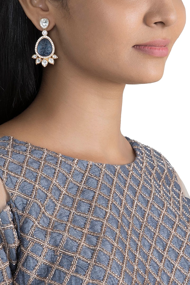 Gold Finish Blue Stone & Zircon Earrings by VASTRAA Jewellery