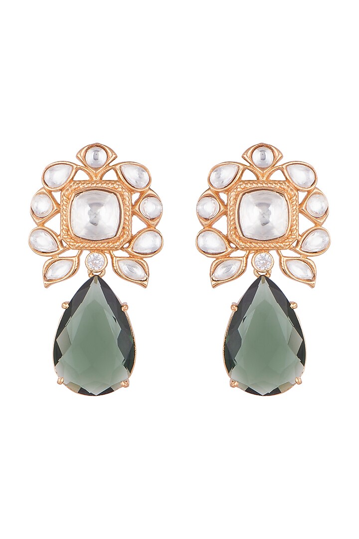 Gold Finish Faux Kundan Polki & Green Stone Earrings by VASTRAA Jewellery at Pernia's Pop Up Shop