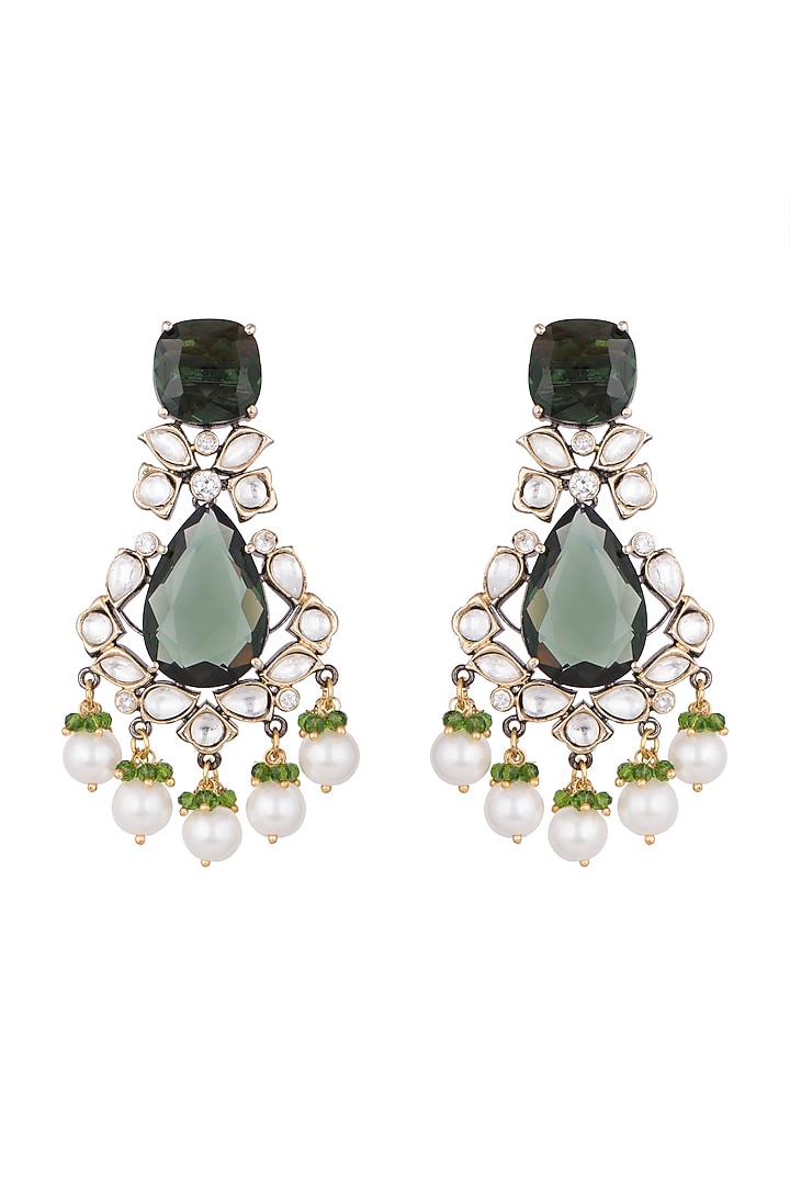 Gold Finish Green Stone & Kundan Polki Earrings by VASTRAA Jewellery at Pernia's Pop Up Shop