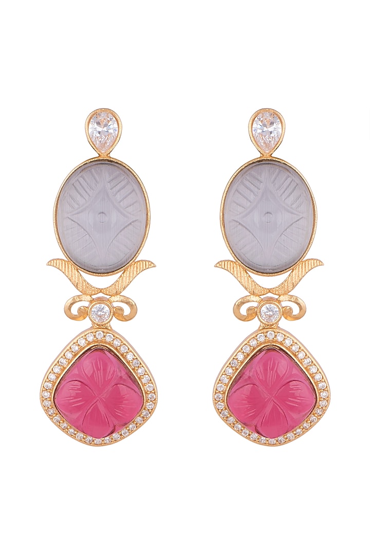 Gold Finish Blue & Pink Stone Earrings by VASTRAA Jewellery at Pernia's Pop Up Shop