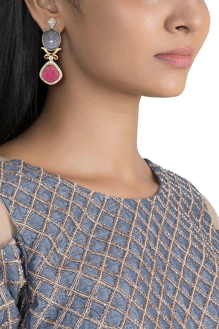 Gold Finish Blue & Pink Stone Earrings by VASTRAA Jewellery