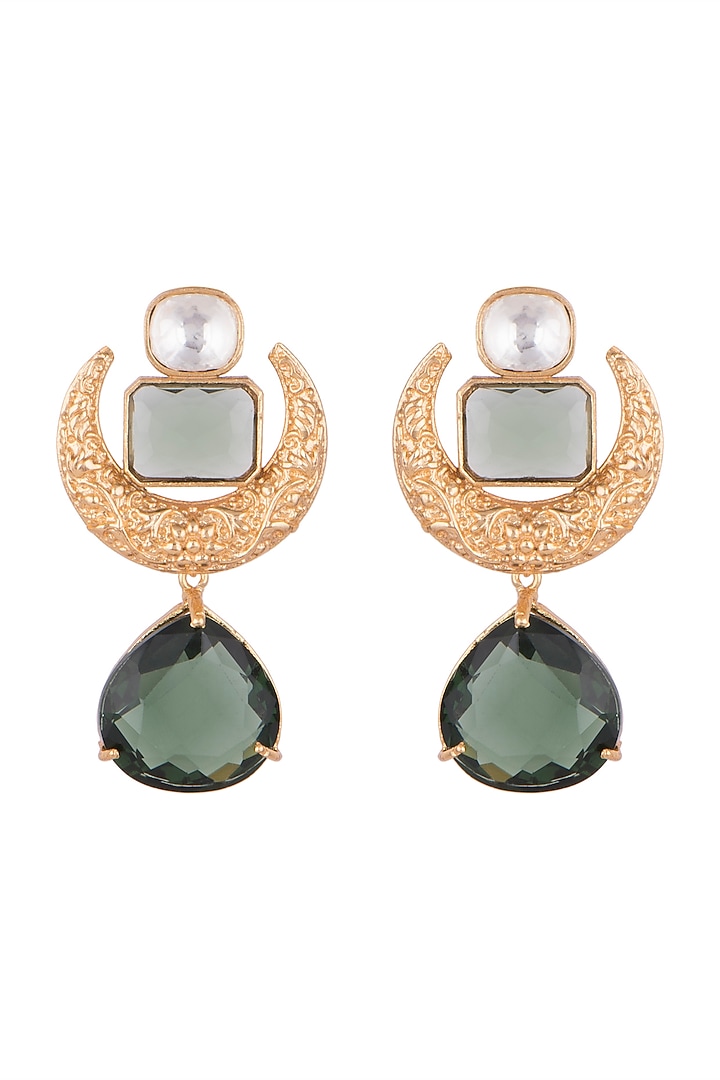 Gold Finish Faux Kundan Polki & Green Stone Earrings by VASTRAA Jewellery at Pernia's Pop Up Shop