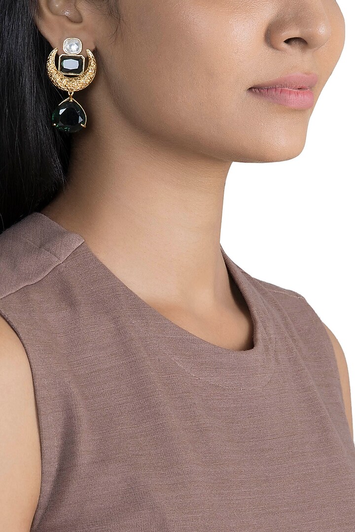 Gold Finish Faux Kundan Polki & Green Stone Earrings by VASTRAA Jewellery at Pernia's Pop Up Shop