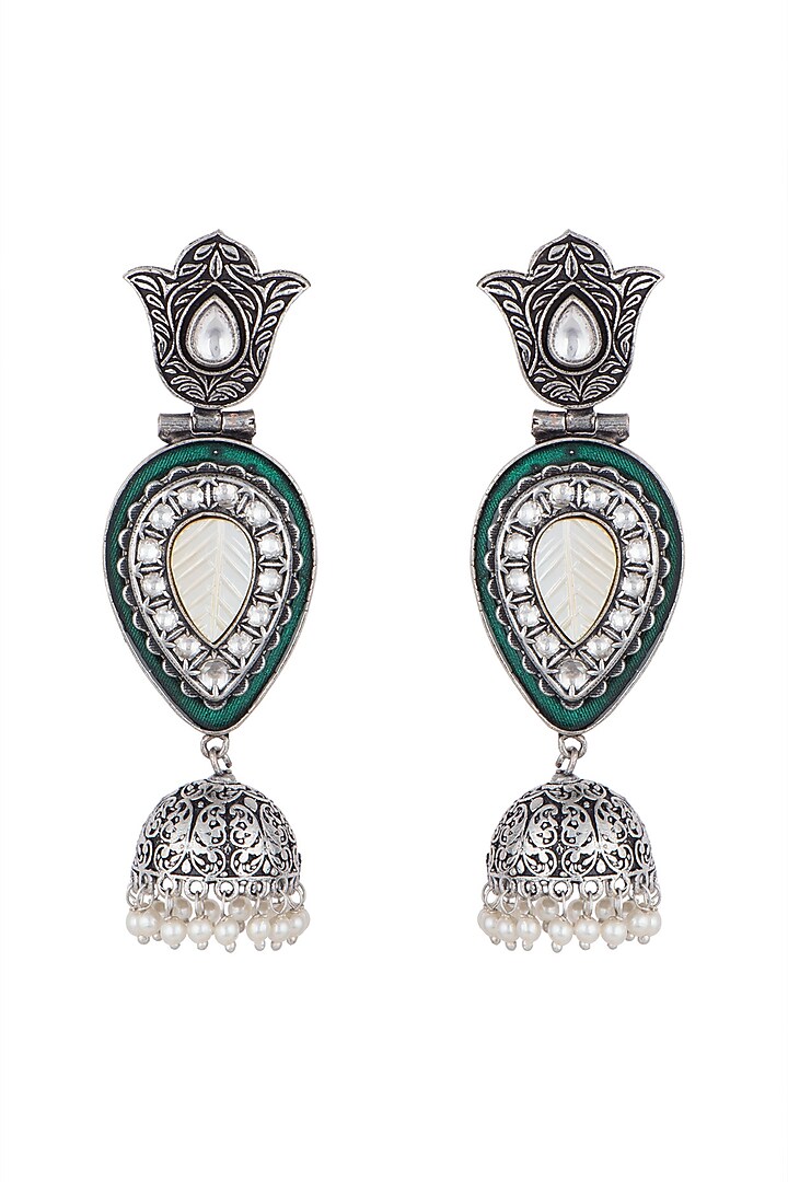 Black Rhodium Finish Faux Pearl & Kundan Polki Enameled Earrings by VASTRAA Jewellery at Pernia's Pop Up Shop
