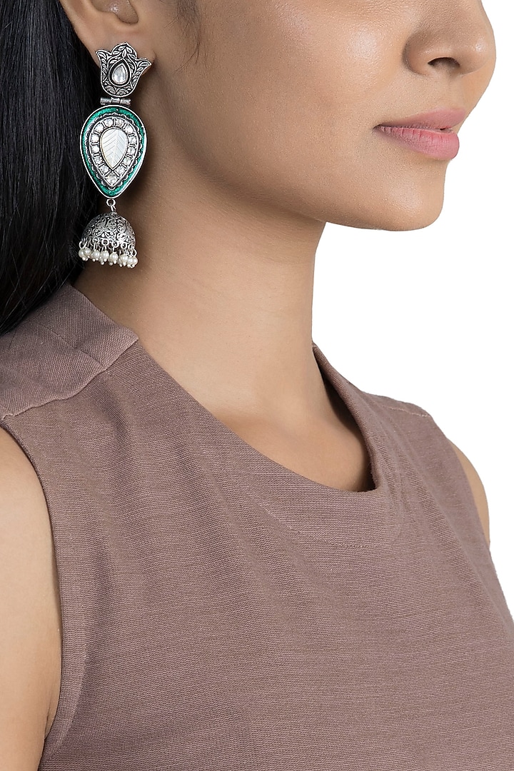 Black Rhodium Finish Faux Pearl & Kundan Polki Enameled Earrings by VASTRAA Jewellery