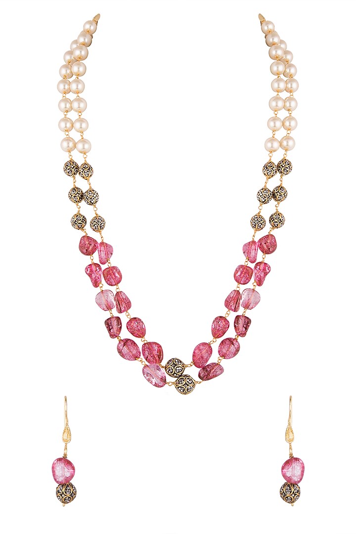 Gold Finish Pink & Black Stone Mala Set by VASTRAA Jewellery at Pernia's Pop Up Shop