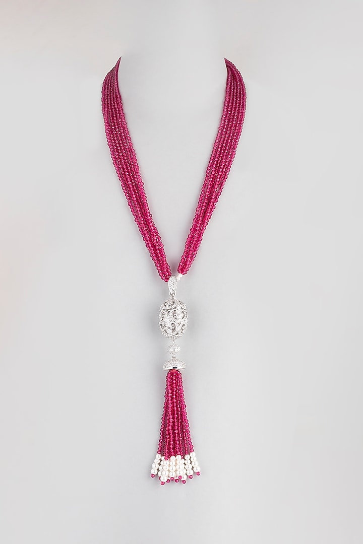 White Finish Zircon & Pearl Beaded Necklace by VASTRAA Jewellery