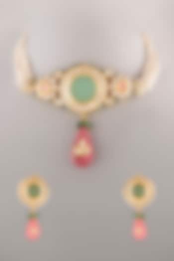 Gold Finish Pearl & Kundan Polki Choker Necklace Set by VASTRAA Jewellery