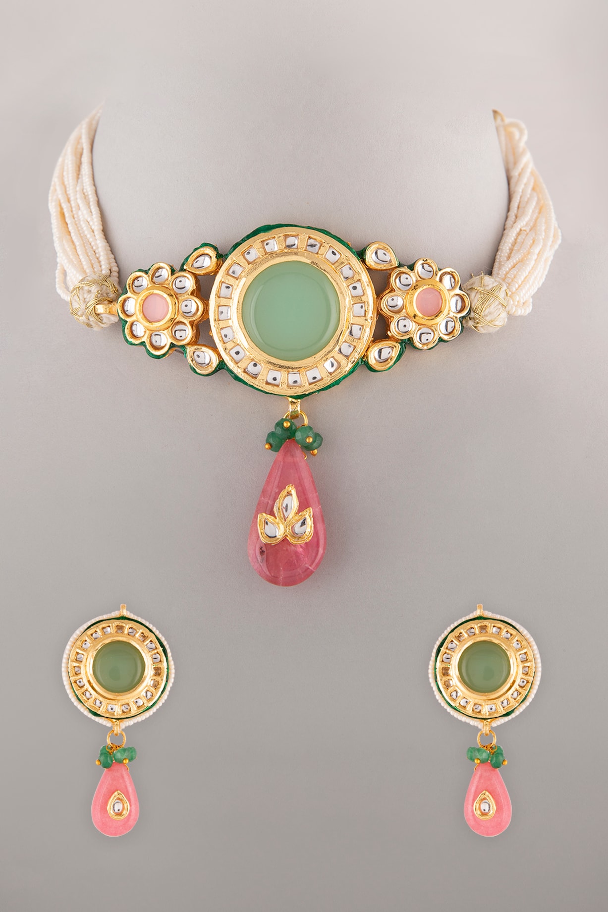 Kreart - Gold Finish Kundan Polki & Pearl String Long Designer Necklace Set for Women at Pernia's Pop-Up Shop