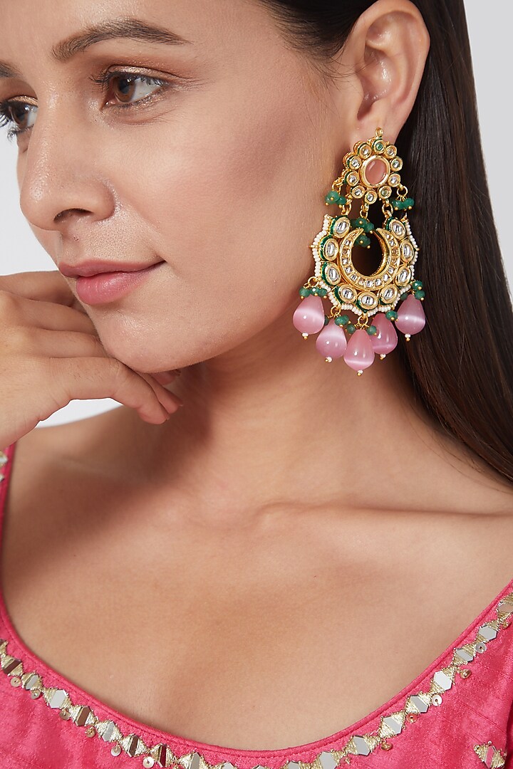 Gold Finish Kundan Polki & Green Beaded Chandbaali Earrings by VASTRAA Jewellery at Pernia's Pop Up Shop