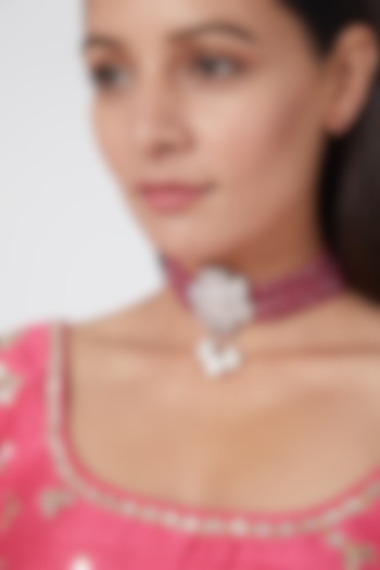 White Finish Zircon & Dark Pink Beaded Choker Necklace by VASTRAA Jewellery